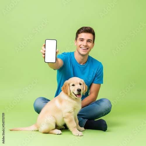 Person with a Puppy Holding a Smartphone with Blank Screen for a Pet Care or Vet App Mockup