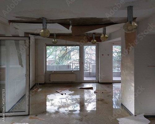 Water damage in interior room of abandoned building
