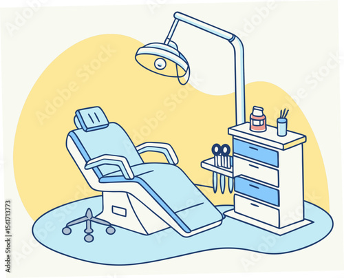 Dental chair with floor lamp and cabinet in modern clinic design  