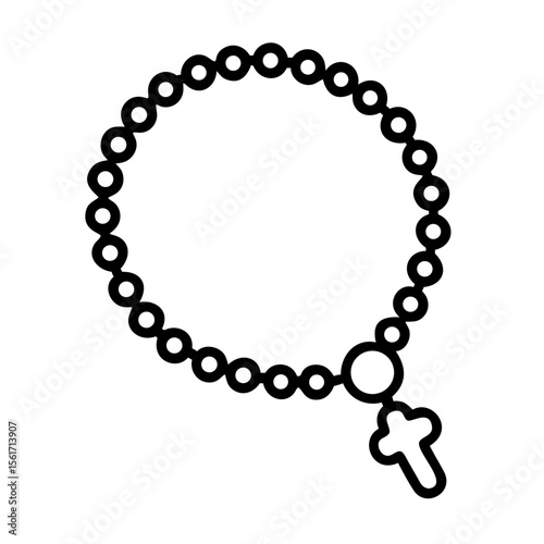 Rosary beads with cross symbol in simple outline design  