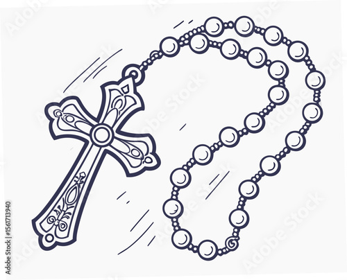 Rosary with cross illustration in simple line art design  