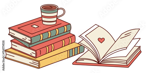 Stack of books with coffee mug and open book reading study time education vector illustration
