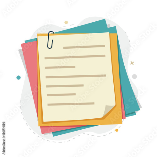 Paper note with clip set in flat style. Note paper pieces vector illustration on white background. Sheets of note papers sign business concept. 
