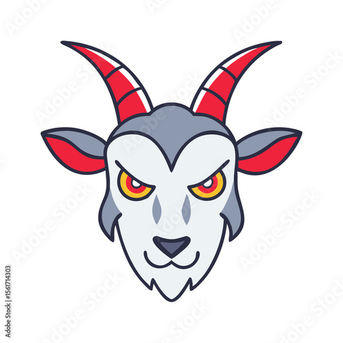 Cartoon illustration of a fierce goat head with red horns  