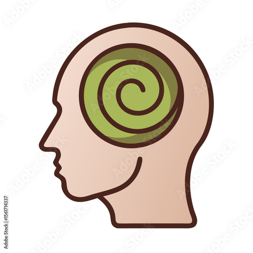 Stylized human head profile with spiral pattern in green  