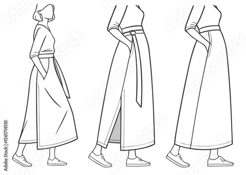 Fashionable woman wearing a long dress with a belt and sneakers line art vector illustration