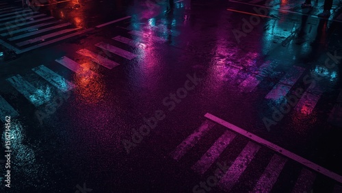 Texture of wet city street at night with neon reflections, urban backg