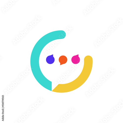 A circular, open speech bubble formed by two curved lines (teal and yellow) enclosing three colorful teardrop elements