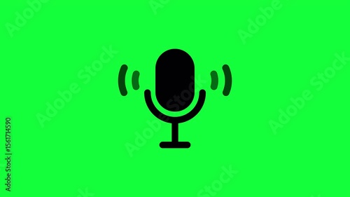 video animation of voice recording microphone button icon and podcast microphone. Animation of audio microphone icon with green background of microphone and black animation of waves. 4k video