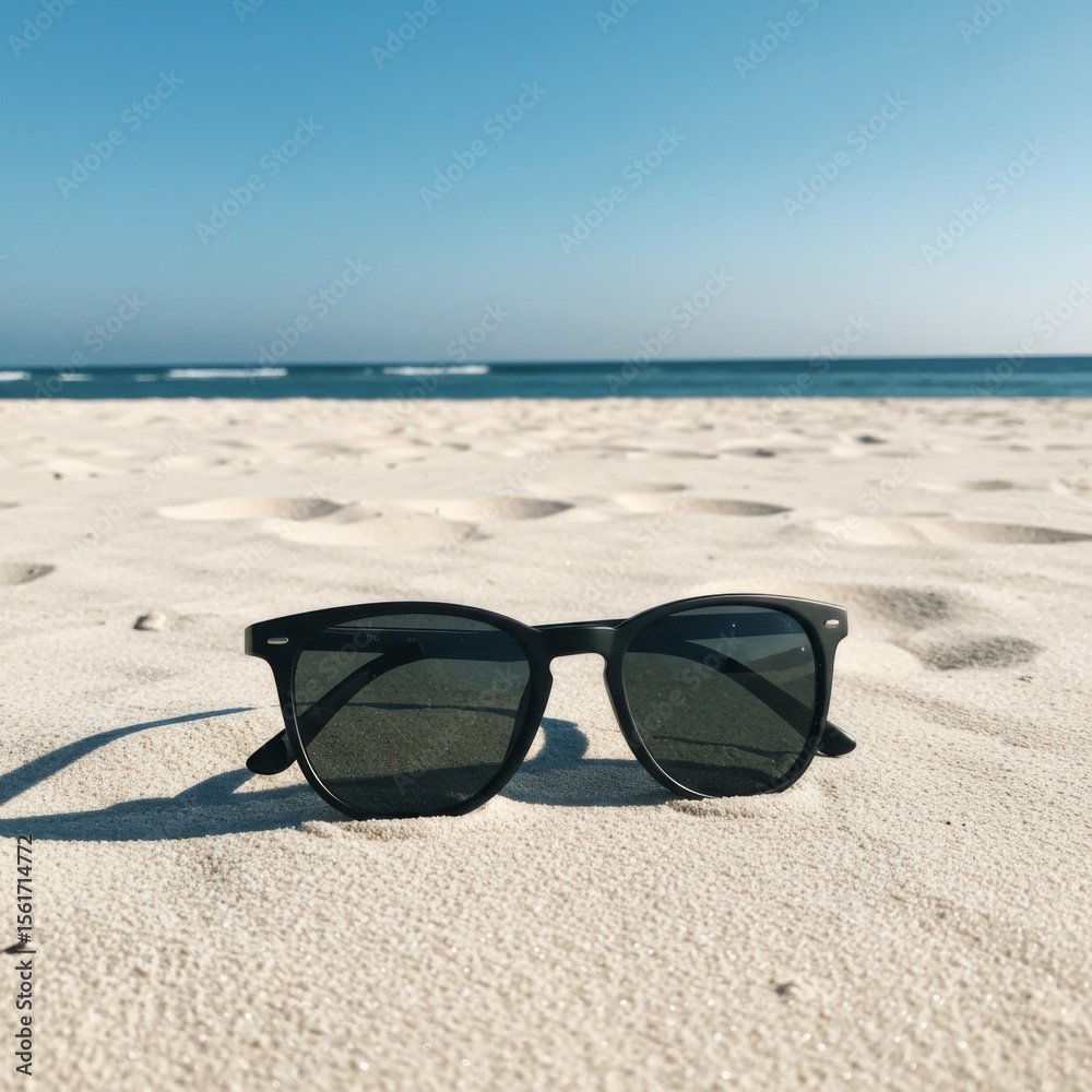 Black Sunglasses on Sandy Beach with Ocean View Black Sunglasses on Sandy Beach with Ocean View