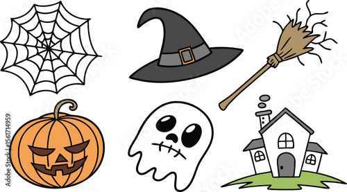 Celebrate Halloween with this spooky set featuring a pumpkin, witch hat, ghost, broom and haunted house graphic.