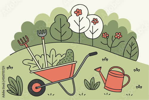 Vintage art illustration of birds and flowers on the grass with a happy baby boy in a stroller