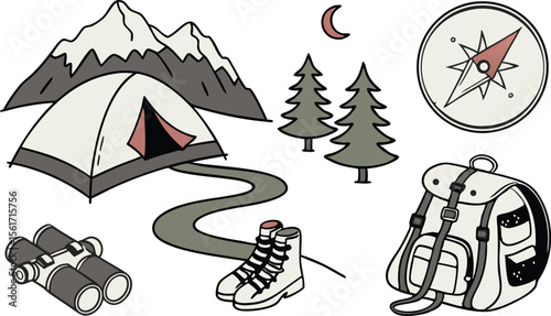 Camping adventure graphic featuring tent, mountains, backpack, compass, and hiking boots in a night scene for outdoors enthusiasts.