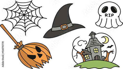 Spooky Halloween graphic showcasing a haunted house, witch hat, skull ghost, and pumpkin broom for festive designs.