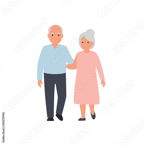 Elderly couple walking together on white background