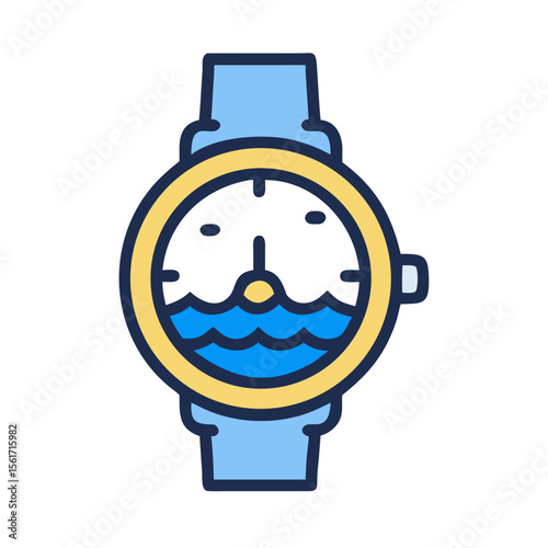 Watch with sea wave face and yellow bezel