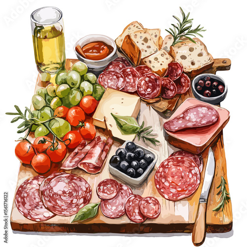 Charcuterie board with meats, cheese, olives, and bread on wooden platter  