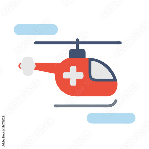 Red medical helicopter flying with cross symbol