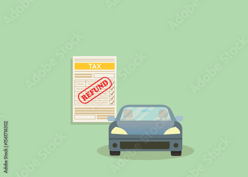 Car with refund tax bill.Tax return car export.Vector illustration
