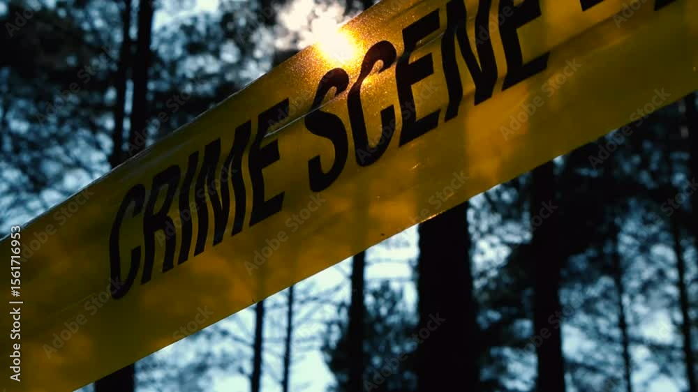 Gorgeous and eerie close up or closeup video footage of yellow crime scene Do Not Enter tape in a forest with tall black trees as silhouettes in the background with bokeh or blurry back, sun shining.
