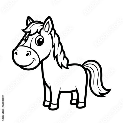 Cute cartoon horse character in black and white line art  