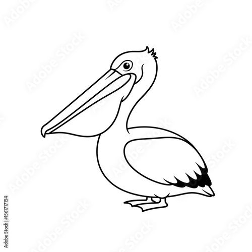 Cartoon pelican with a long beak standing on a white background  