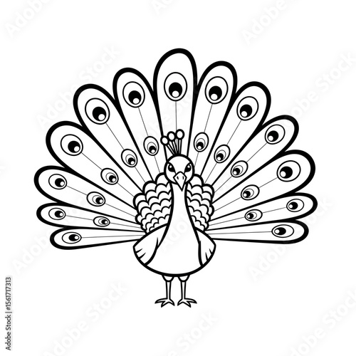 Peacock illustration with intricate feather details in black and white  