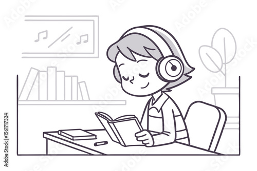 Serene Reading: A young reader engrossed in a book, headphones on, immersed in the world of stories. 