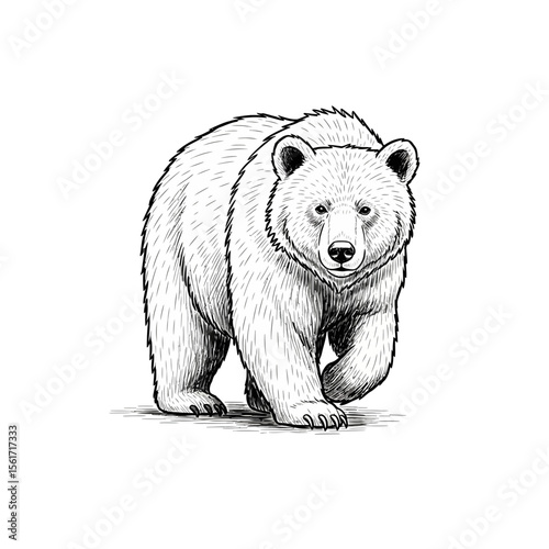 Detailed illustration of a walking bear in black and white  