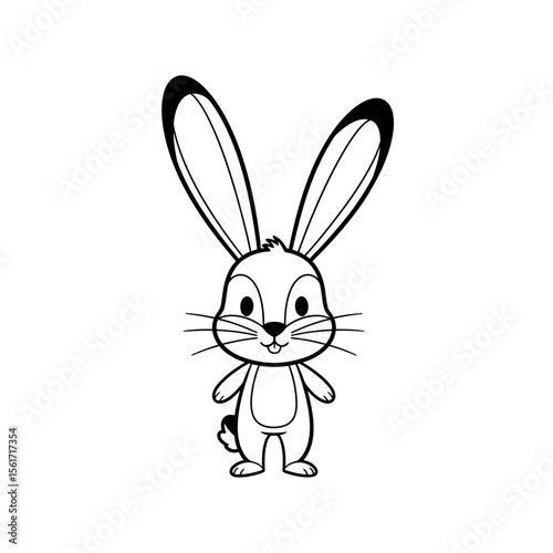 Cartoon rabbit standing and smiling with large ears and whiskers  
