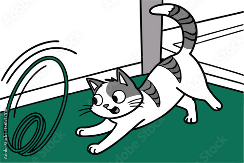 Whimsical cat playfully chasing its tail in a circular motion
