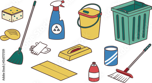Cartoon collection presents house cleaning tools and equipment, perfect for domestic service designs or home maintenance themed artworks.