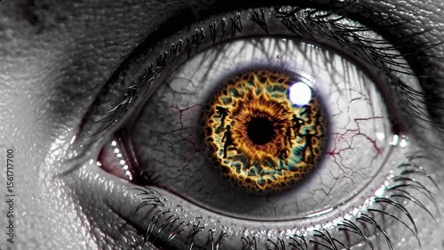 zombie silhouettes in eye reflection, Extreme close-up of a human eye with fiery iris showing silhouettes of zombies running. Black and white skin tones with bloodshot details. Concept: fear, apocaly