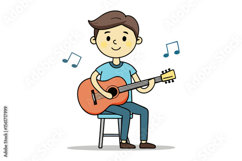 Musical Serenade: A young musician strums his guitar, serenading with music note, embodies the joy and creativity of musical expression.