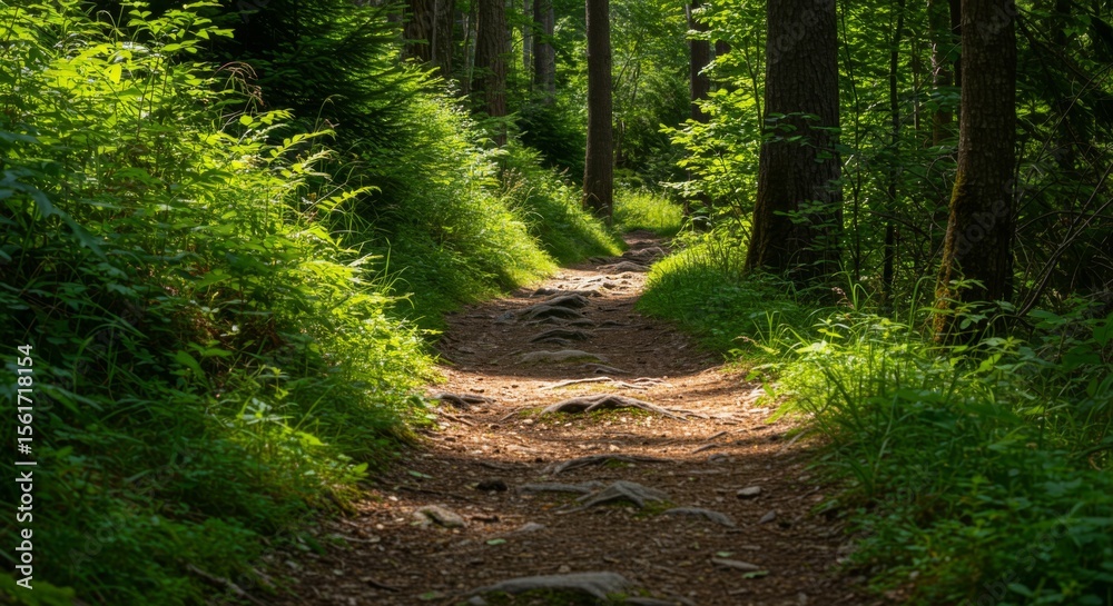 Fototapeta premium Sunlit Forest Path Through Lush Green Woods