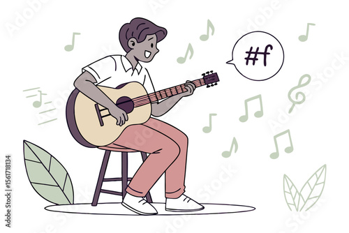 Melodic Musician: A young guitarist, filled with musical passion, strums an acoustic guitar surrounded by floating musical notes, creating a rhythmic harmony.