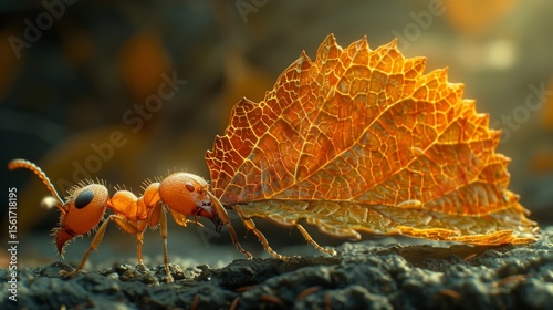 A detailed view of an ant carrying a leaf fragment, showcasing its strength and the intricate textures of both ant and leaf in a microcosmic landscape.
