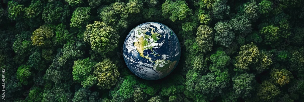 Obraz premium Vibrant Green Planet Over Lush Forest Landscape, Symbolizing Nature s Beauty and Environmental Hope