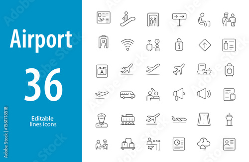 Airport Line Icons, Airplane, Passport Control, Baggage, Security Check, Departure Board, Boarding Pass, Terminal Building, and More, Editable Formats: AI, EPS, JPG, PNG, Ideal for Both Digital and Pr