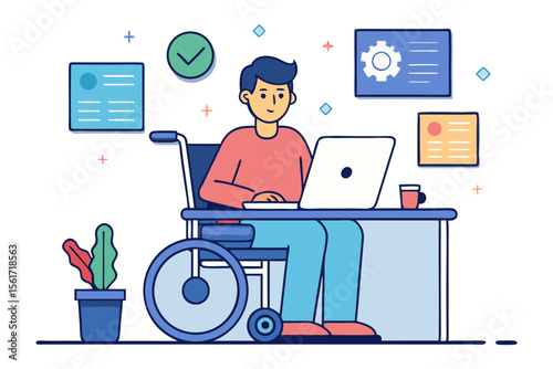 Inclusive Workplace: A determined individual, seated in a wheelchair, navigates the digital sphere with unwavering focus, embracing an environment that champions equal opportunities.