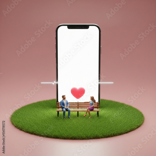 Miniature Couple on a Bench with a Heart Icon from a Smartphone, Online Dating App and Love Concept Mockup