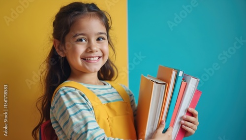 Cheerful schoolgirl holds colorful books. Happy student ready for education. Joy and eagerness in classroom, back to school concept. Portrait of young girl smile, excited return to class.