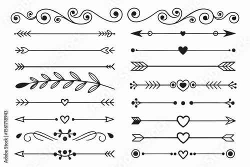 Hand-Drawn Arrow and Swirl Border Set Featuring Floral Accents in Elegant Black Vector. Ornamental Dividers for Layout Projects, Wedding Cards, and Invitations.

