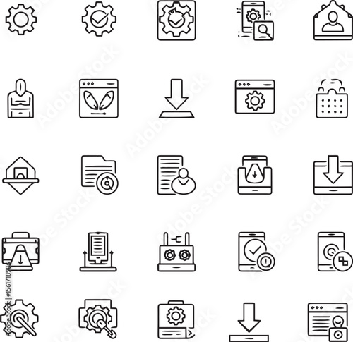 Settings and setup set of web icons in line style. Setup icons for web and mobile app. Settings, installation, maintenance, update, download, configuration, options, control. Vector illustration