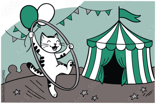 Playful cat jumps through hoop in a vibrant circus performance