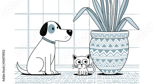 Curious Dog and Kitten Observe a Potted Plant in a Stylized Room Environment