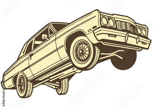 Lowrider car jumping, classic vehicle, vintage automobile, custom ride, auto vector illustration