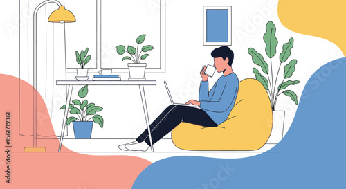 A young man works on his laptop while sitting comfortably in a beanbag chair surrounded by plants and abstract shapes representing a home office environment
