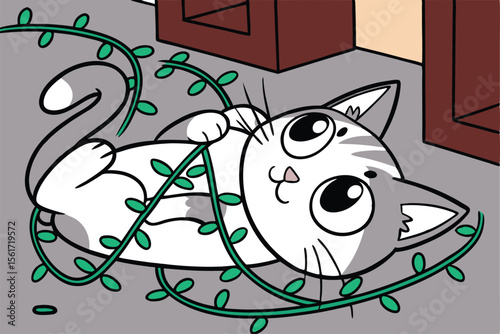 Playful kitten tangled in glowing fairy lights festive holiday illustration