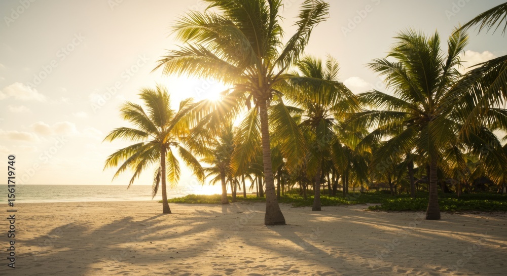 Obraz premium Golden Hour Sunset on Tropical Beach with Palm Trees